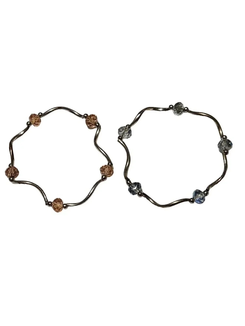 Vintage Beaded Stretch Bracelets Set of 2 Orange Blue Beads Silver Tone Jewelry